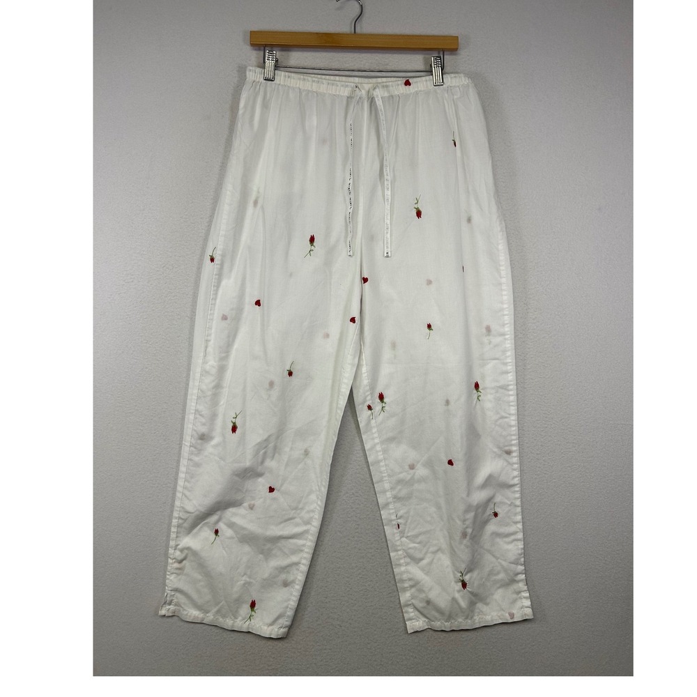 Coquette‎ Mixit Womens Med White Red Rose Heart Embroidered Pajama Pants Lounge